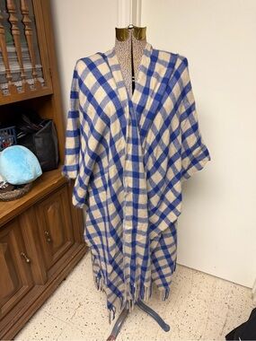 A New Day Blue Cream Buffalo Plaid Ruana Poncho Wrap Shawl One Size Fringe